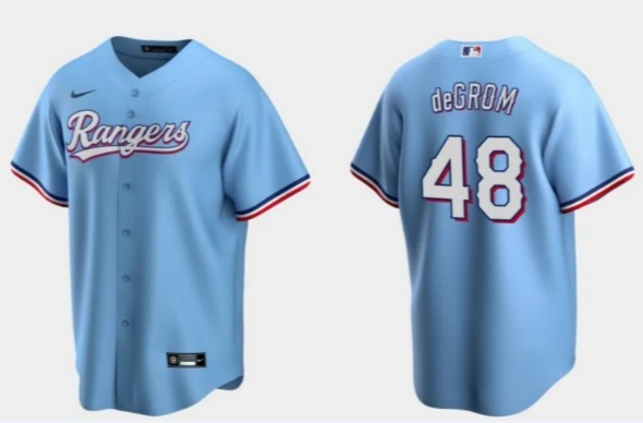 Mens Texas Rangers #48 Jacob deGrom Light Blue Cool Base Stitched Baseball Jersey Dzhi